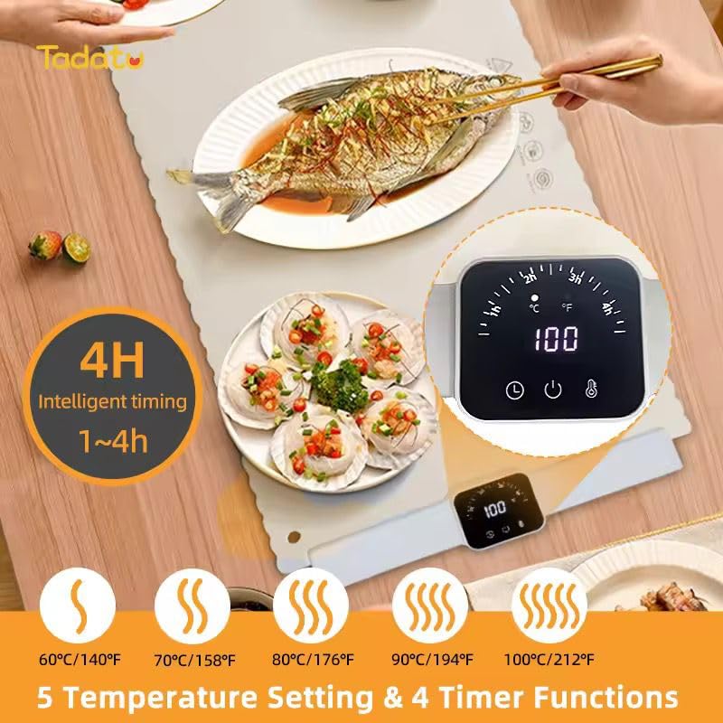 VZOIR Rollable Electric Food Warming Mat with 5 Temperature Settings & 4-Hour Timer
