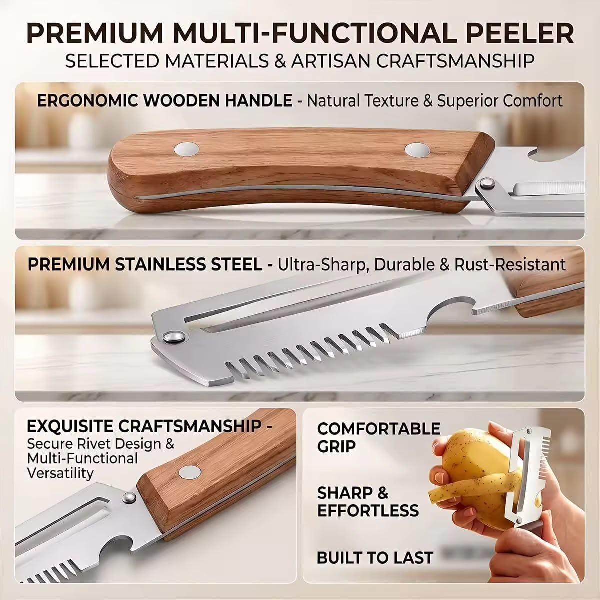 Premium Multi-Functional Vegetable Peeler with Wooden Handle (Pack of 2)